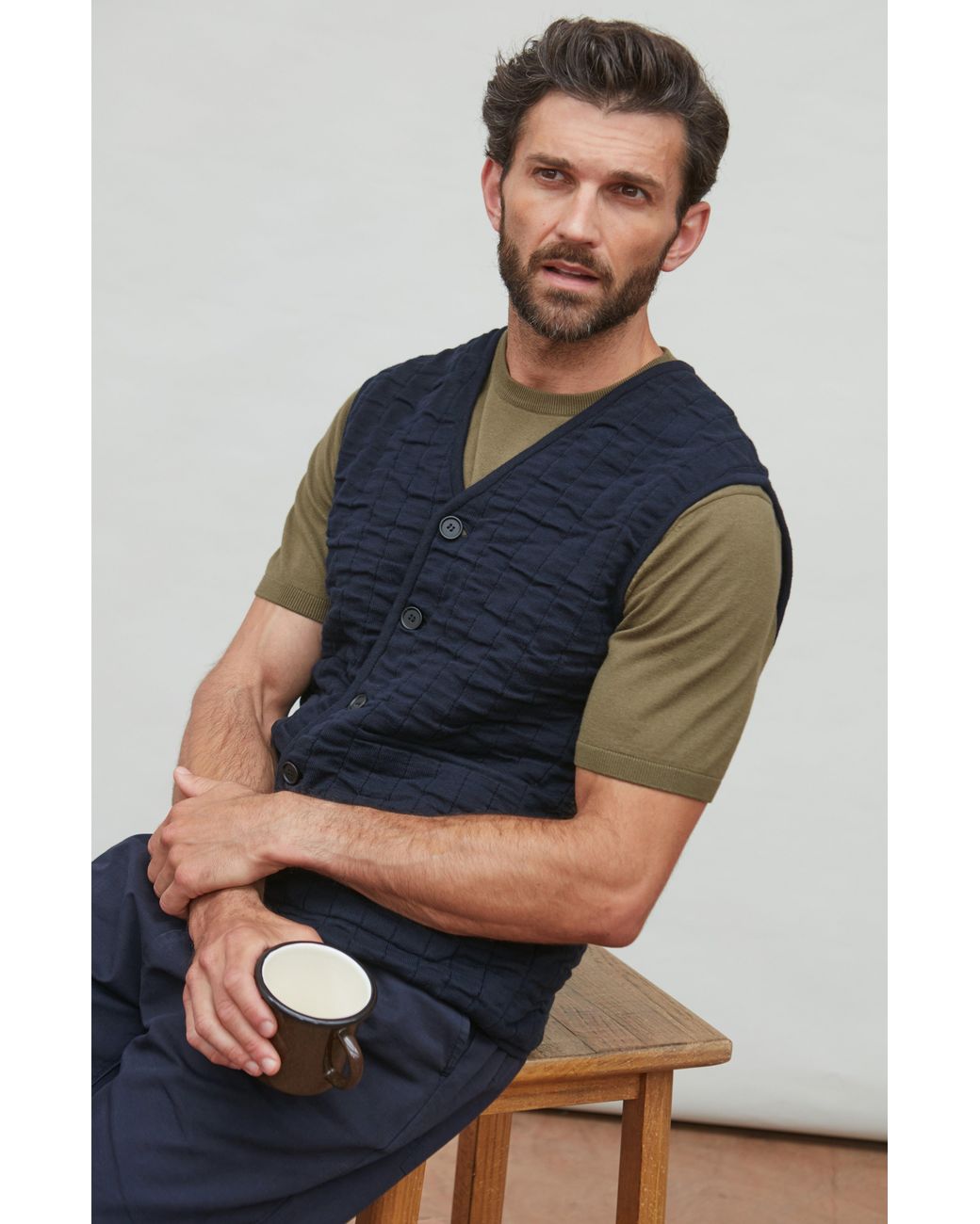Paul James Knitwear Blue Cotton Forrester Quilted Knitted Gilet for men