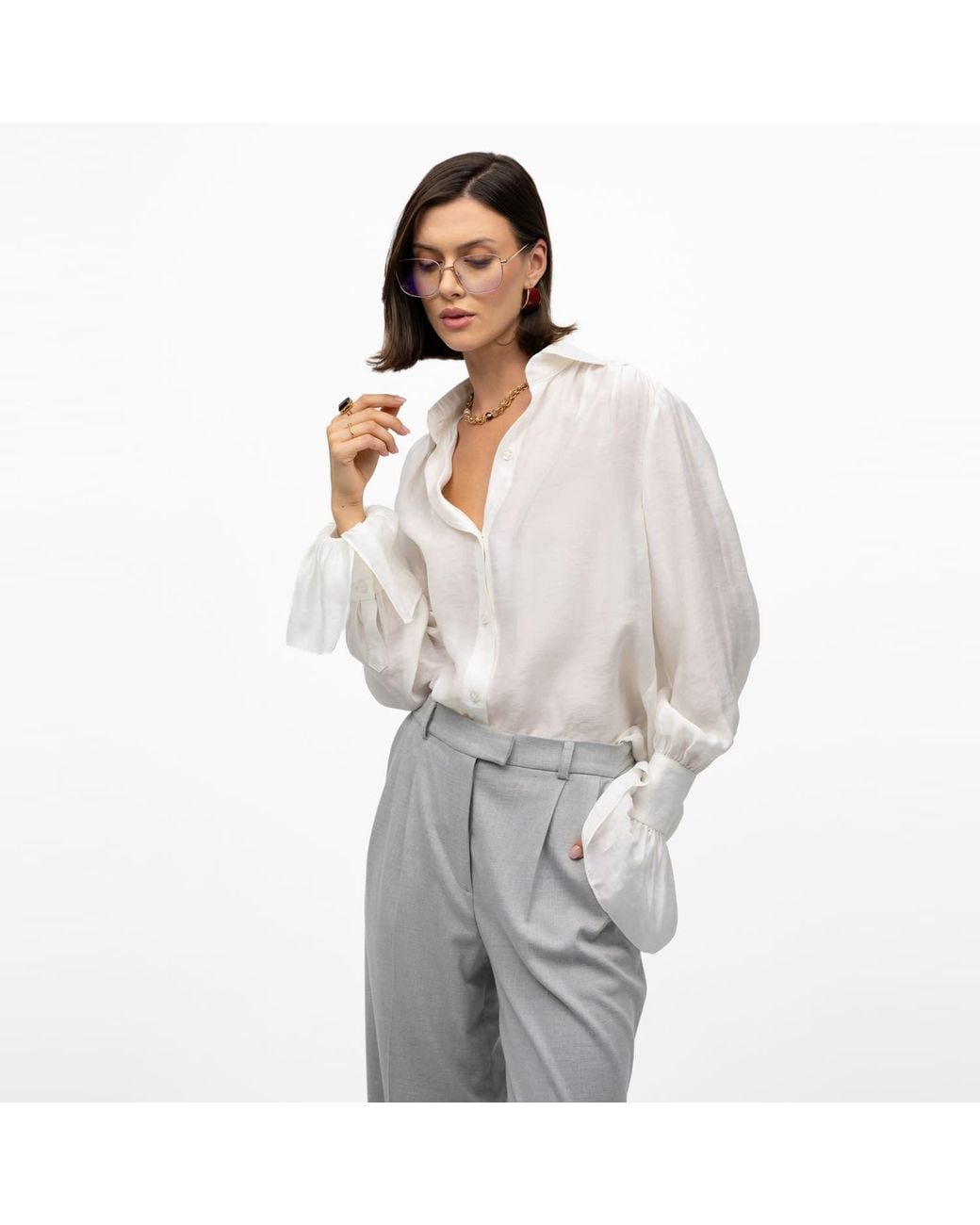 Mandragora White Crinkled Shirt With Decorative Cuffs Carmen Ecru
