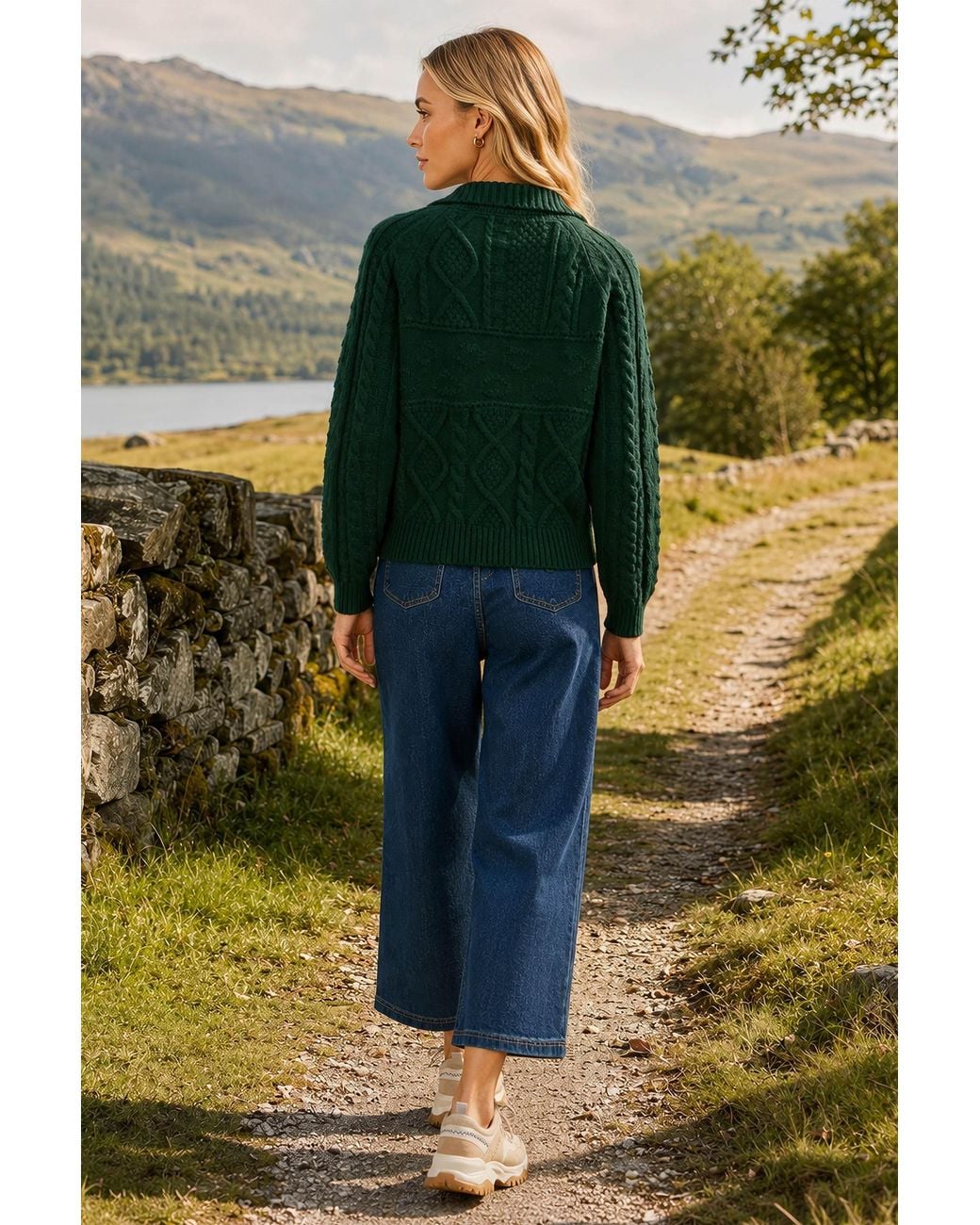 Yumi' Green Cable Knit Boxy Jacket