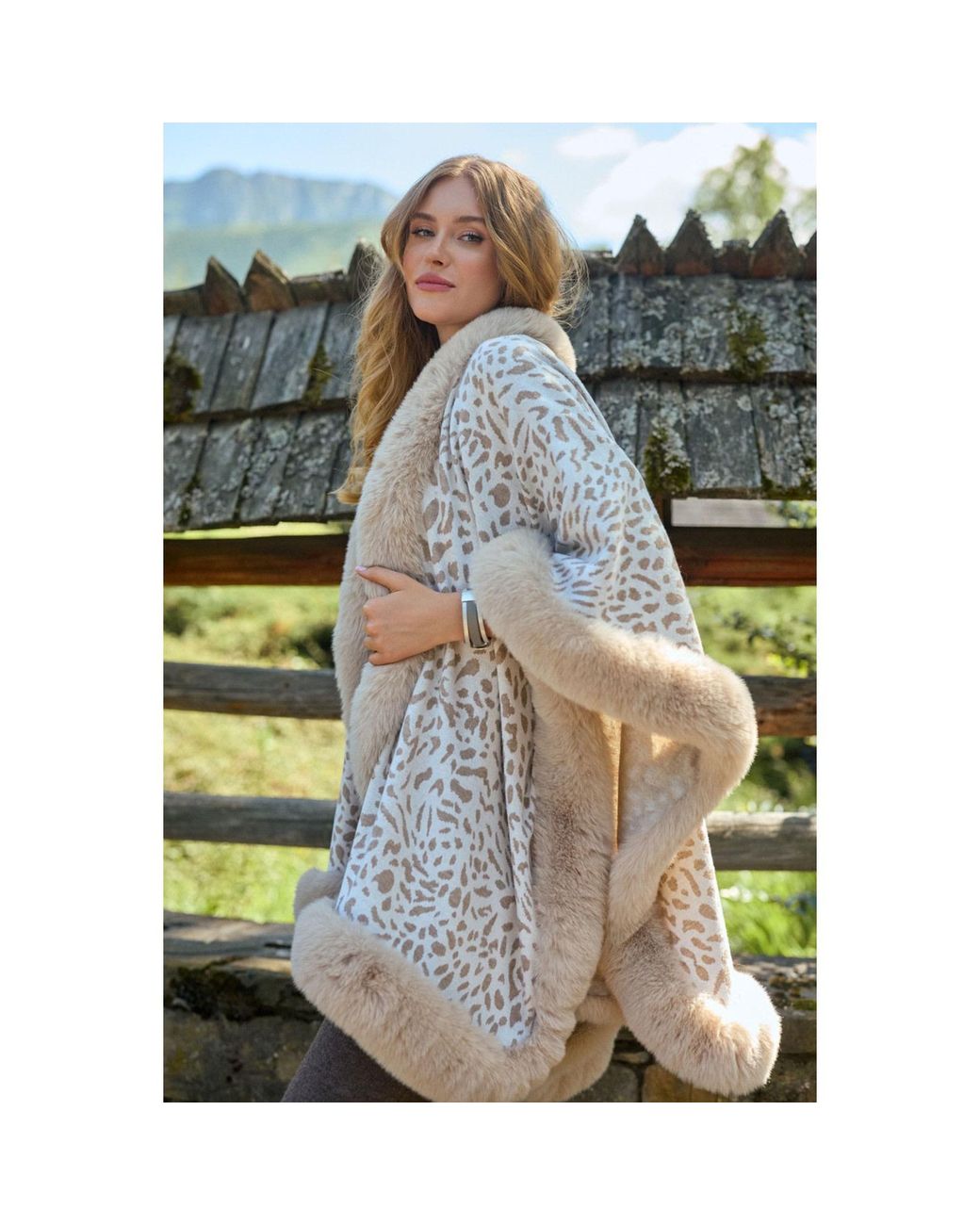 Saachi Natural Animal Print Faux Fur Cape