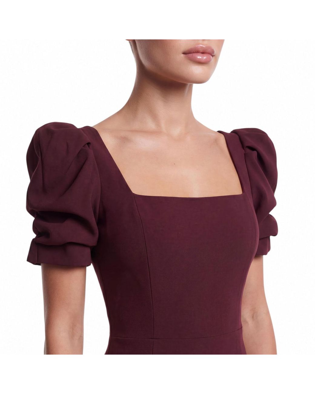 POST MERIDIEM Purple Vinous Godet Silhouette Square Neck Midi Dress