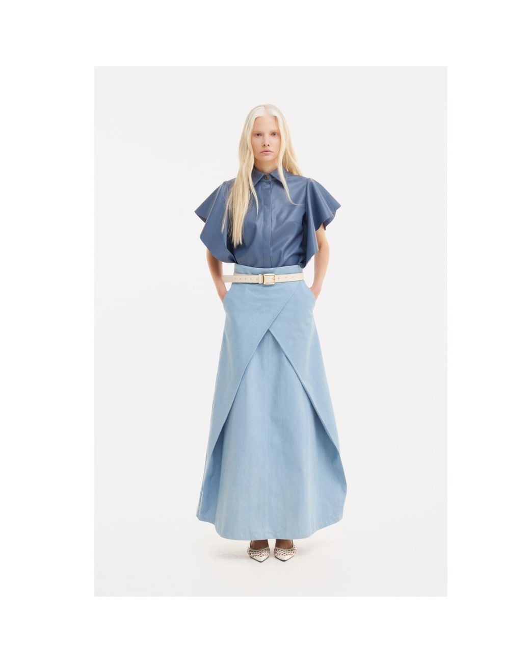 Julia Allert Blue Draped Faux Leather Shirt – Pale