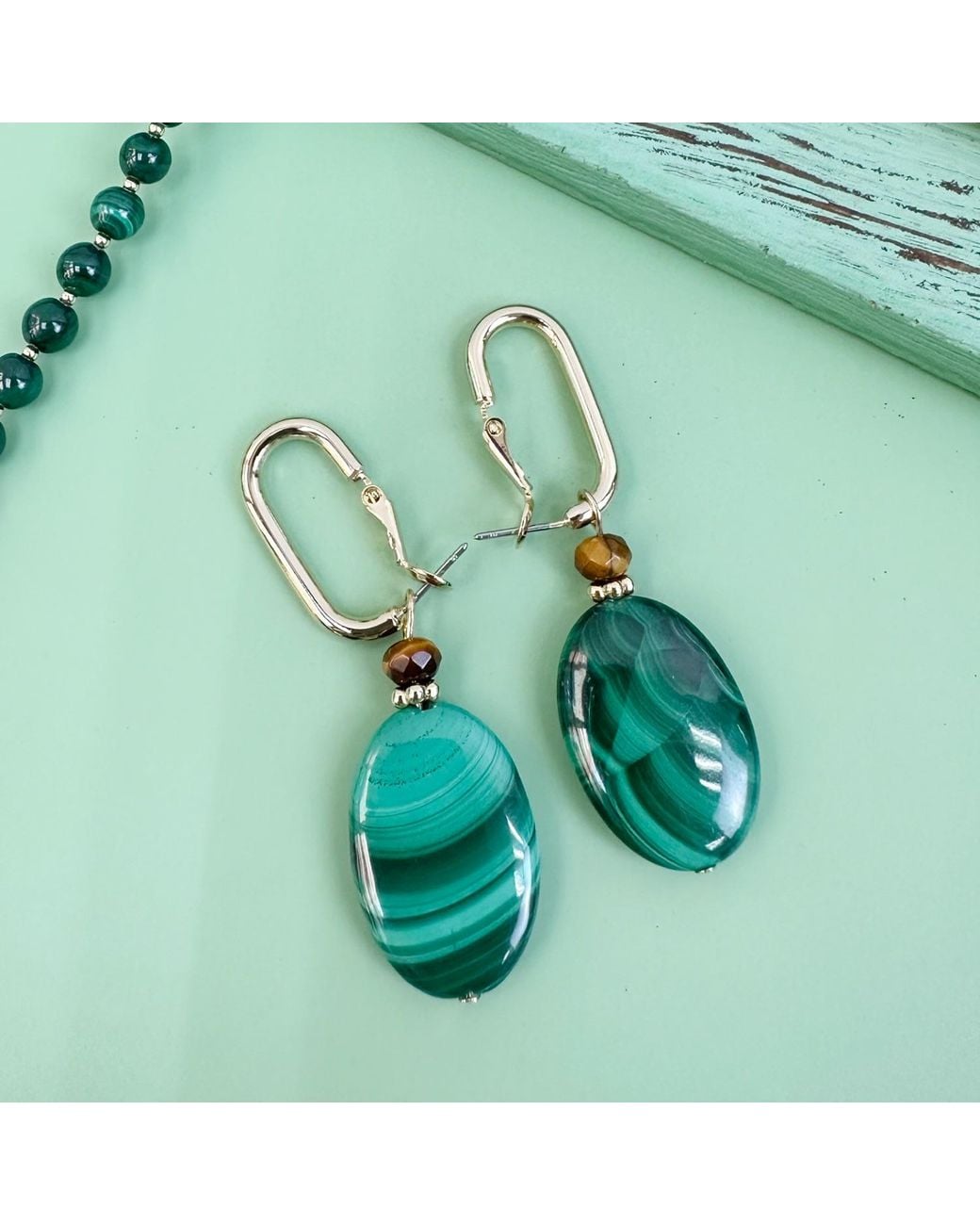 Farra Green Oval Malachite With Tiger Stone Chic Earrings