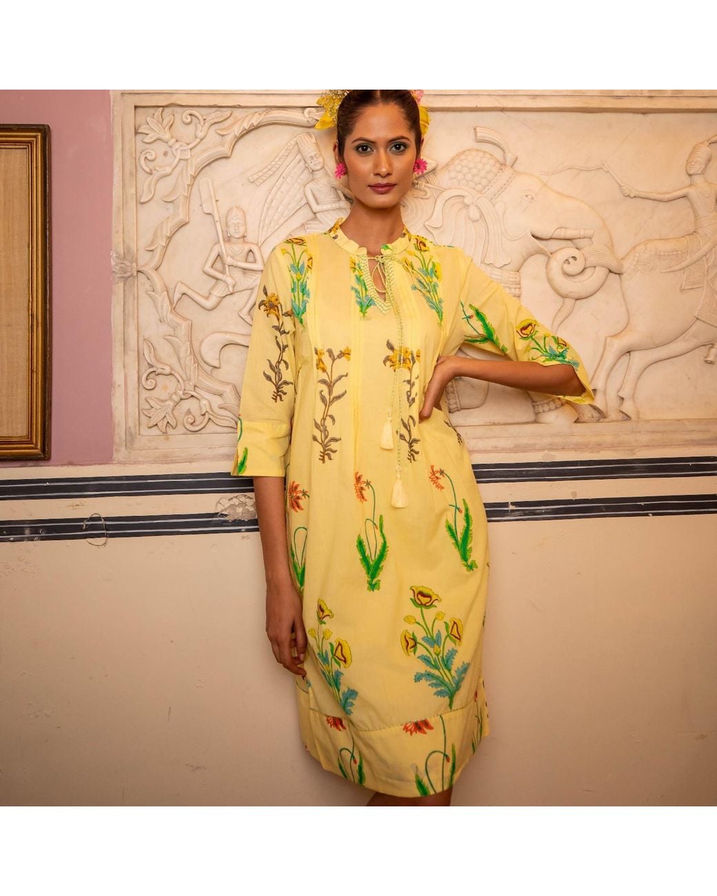 NoLoGo-chic Green Botanical Tassel Kurta Cotton Lemon Popcorn