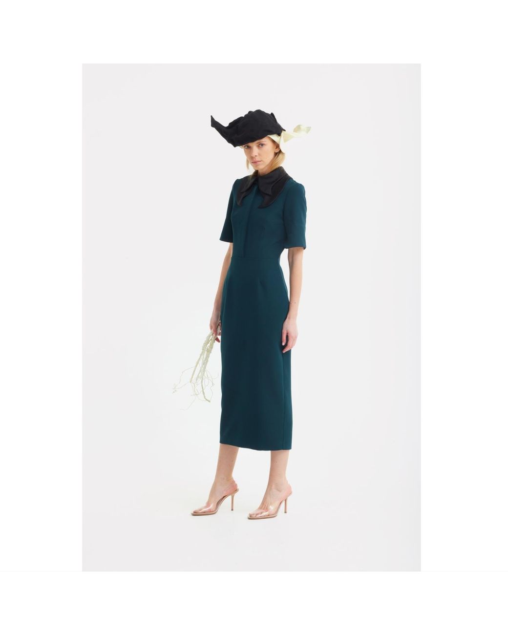 Julia Allert Green Polished Fitted Midi Short Sleeve Dress