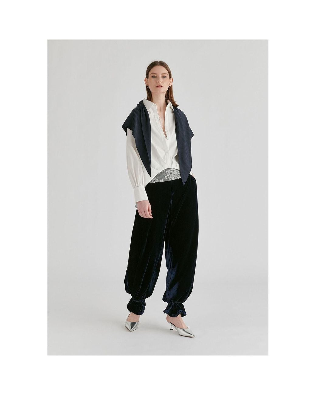Paisie Blue Velvet Wide-Leg Trousers With Separate Elastic Ankle Bands