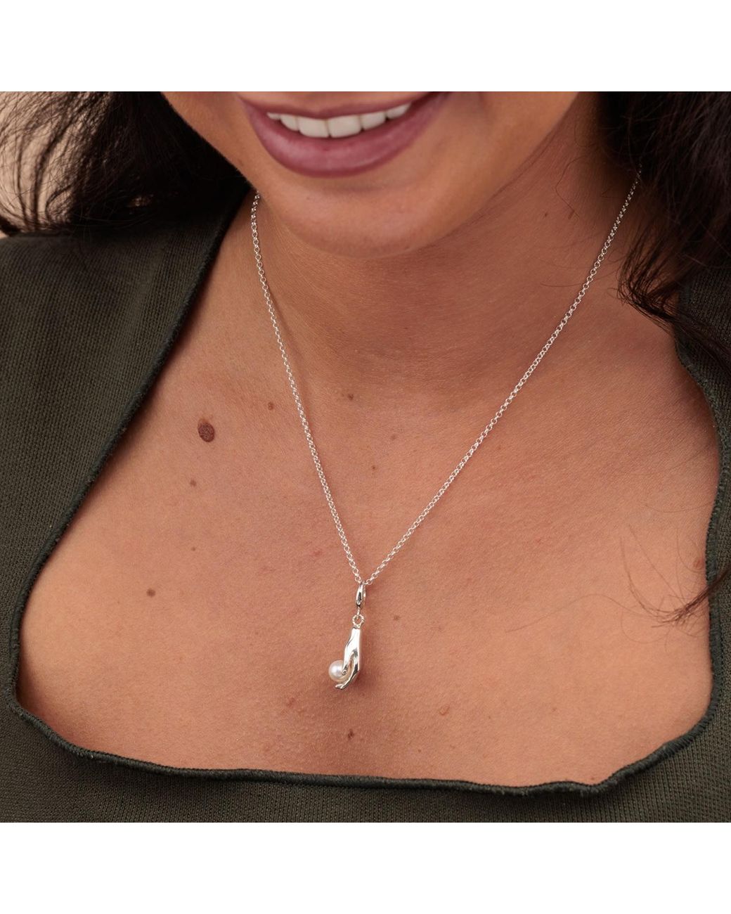Lily Charmed Metallic Sterling Hand And Pearl Charm Necklace
