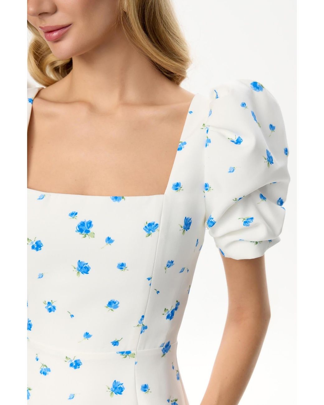 POST MERIDIEM White Godet Silhouette Square Neck Midi Dress