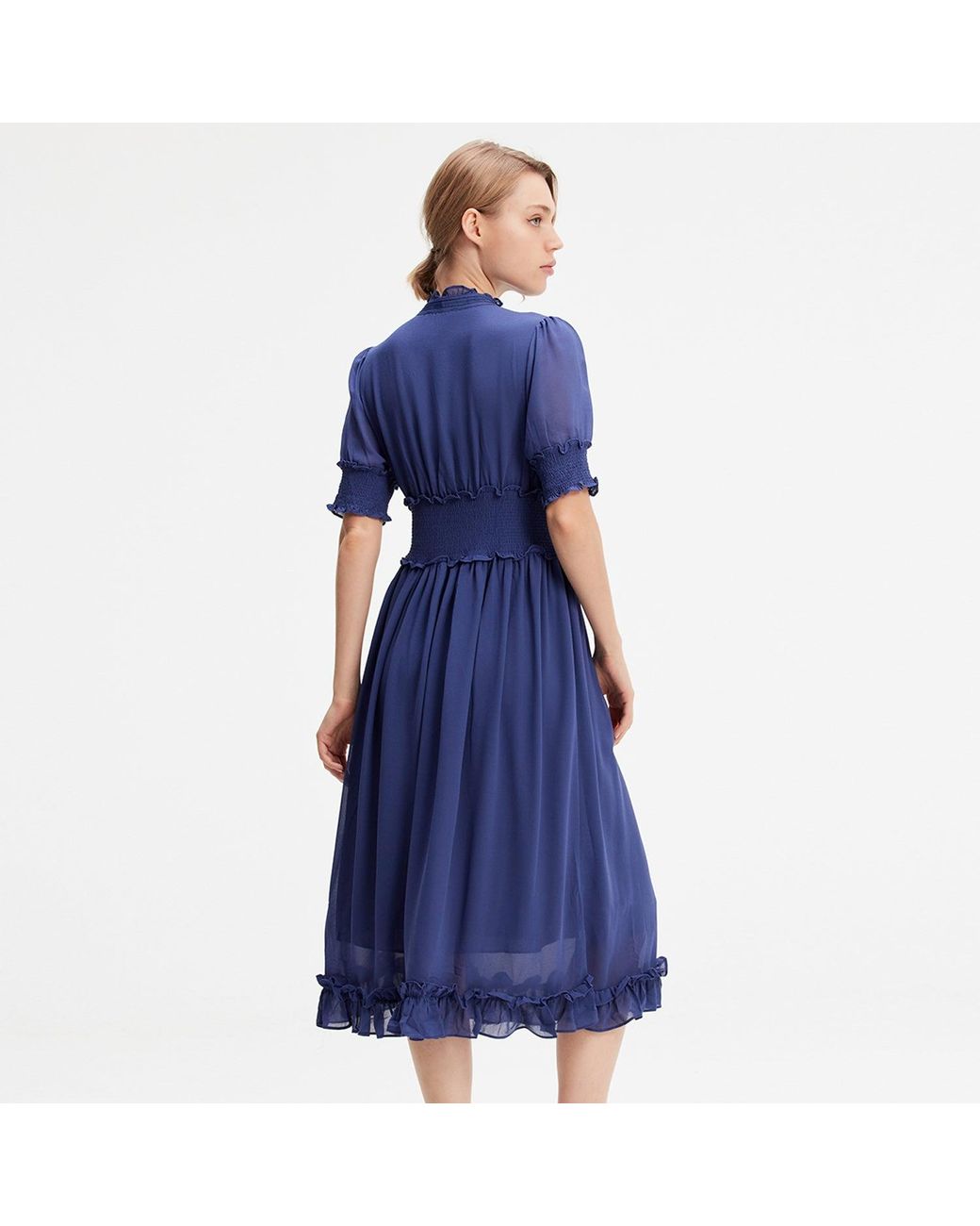 Smart and Joy Blue Chiffon Dress With Smocks And Small Ruffles