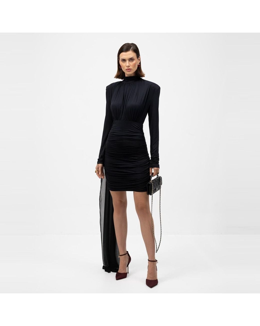 Mandragora Black Mini Dress With Ruched Skirt And Scarf Roa