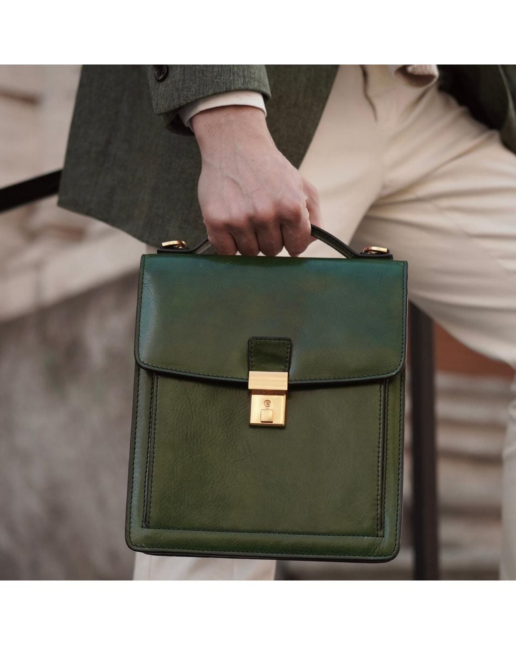 Time Resistance Green Small Leather Briefcase for men