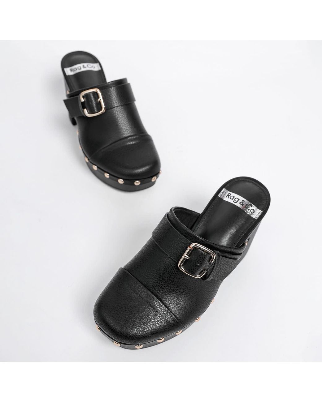 Rag & Co Black Septim Genuine Leather Studded Clog Heels