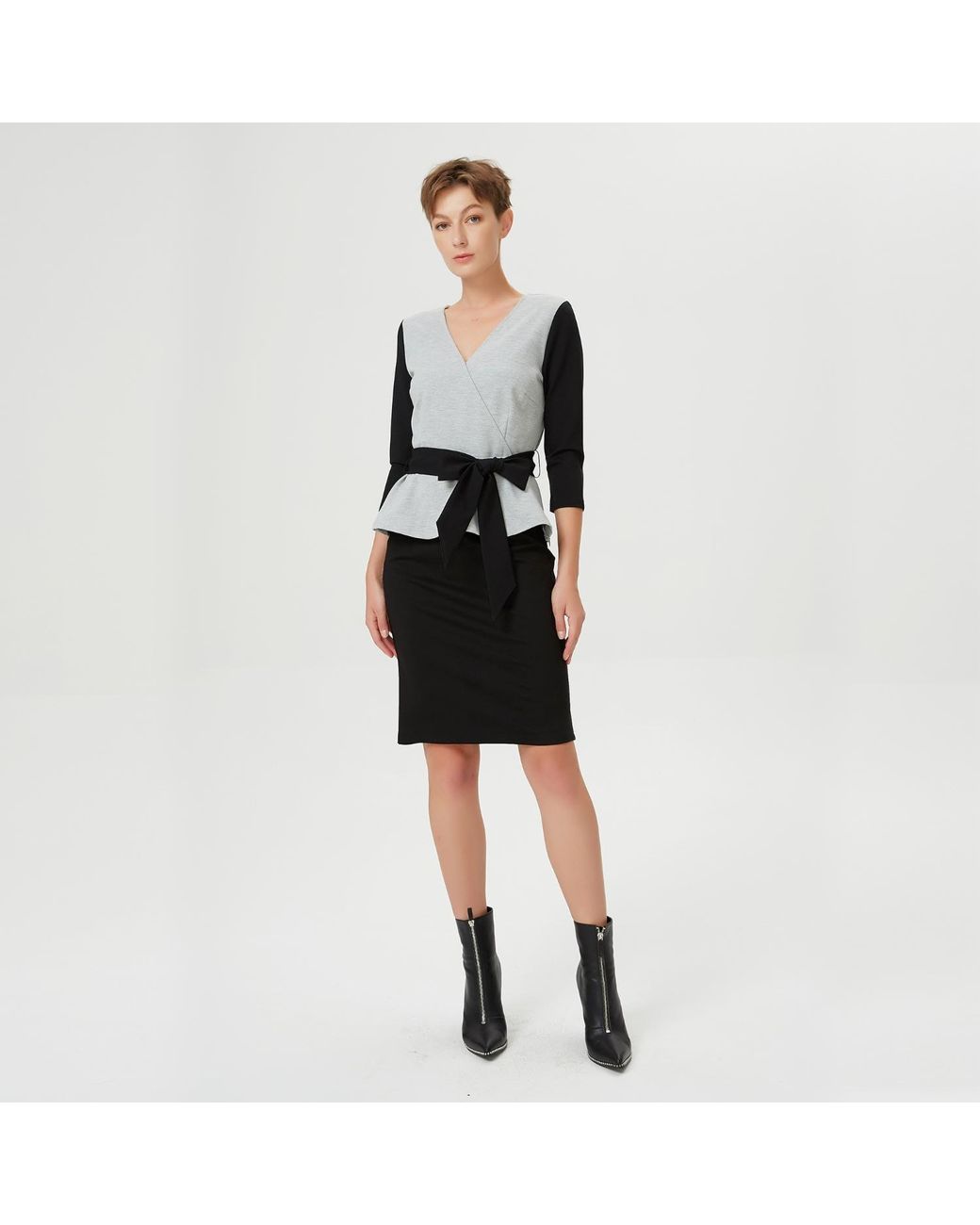 Smart and Joy Gray Peplum Top With Cross-Heart Effect & Belt