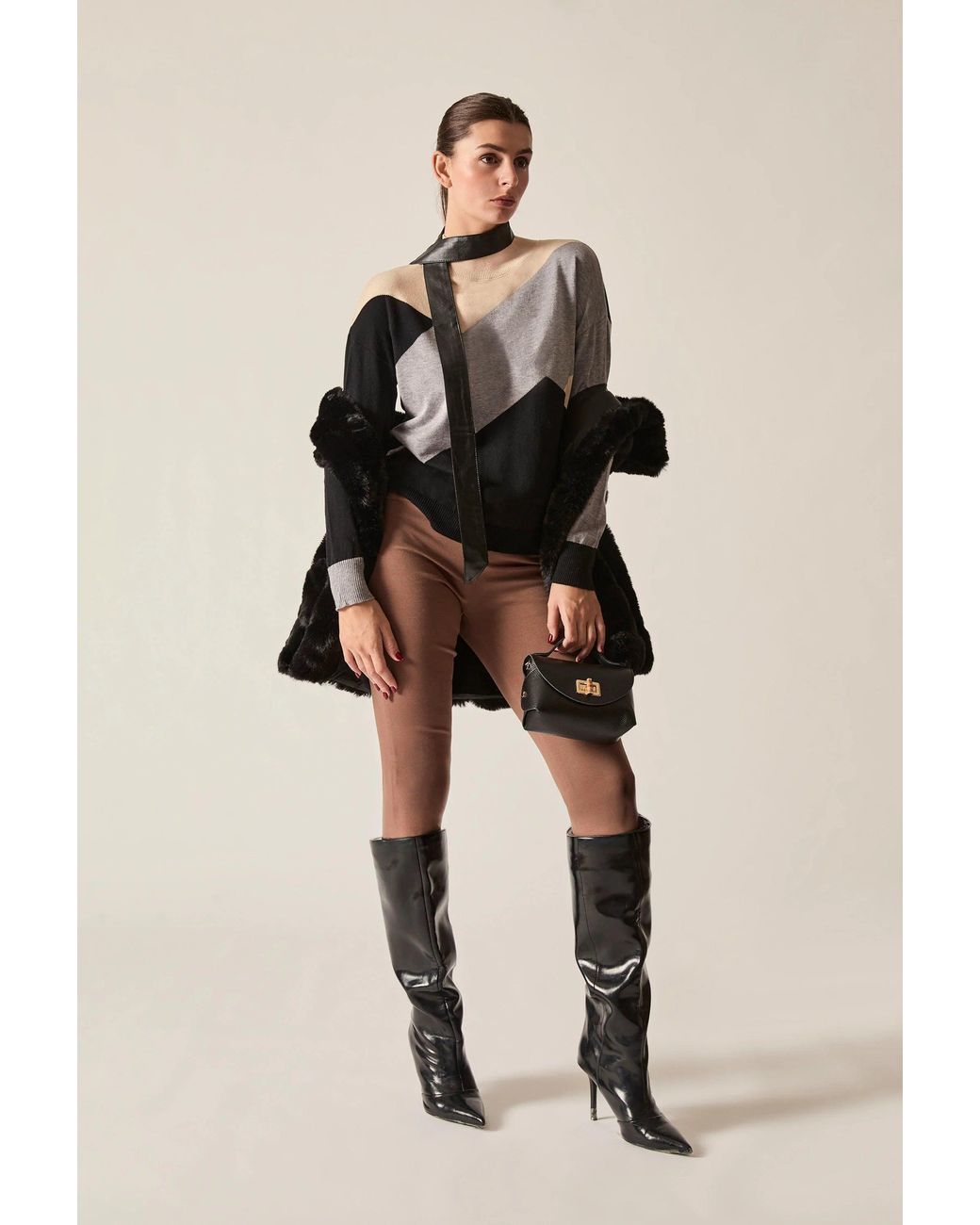 James Lakeland Black Geometric Colour-Block High-Neck Jumper