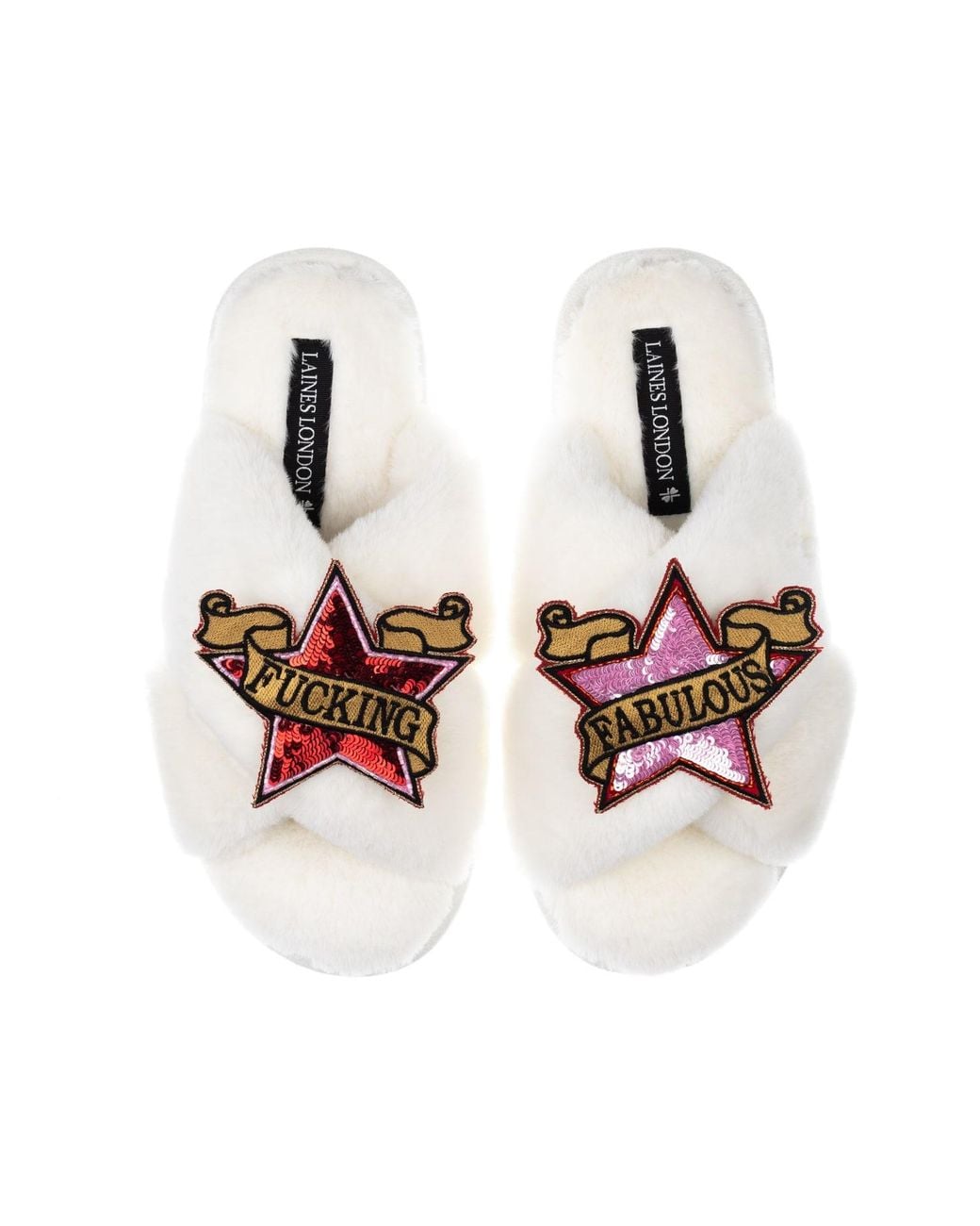 Laines London White Neutrals Classic Laines Slippers With & Fucking Fabulous Brooches