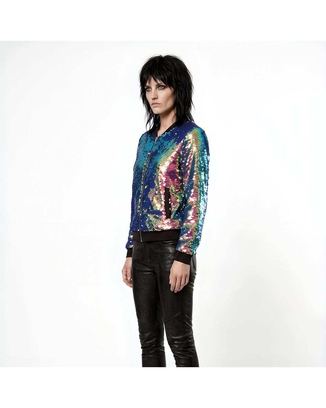 Any Old Iron Blue Oil Slick Sequin Bomber Jacket