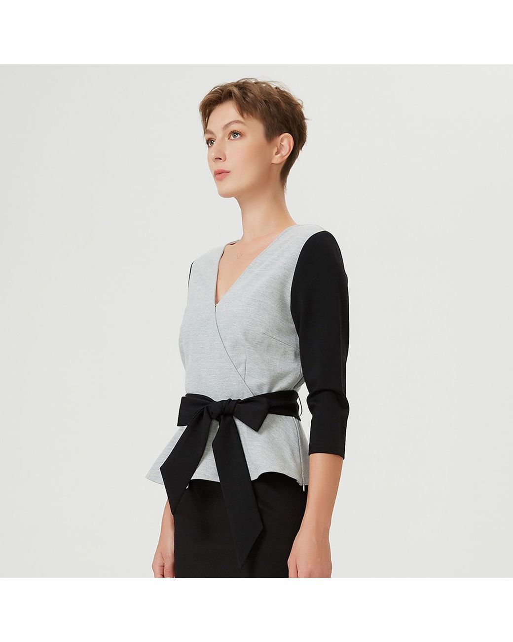Smart and Joy Gray Peplum Top With Cross-Heart Effect & Belt