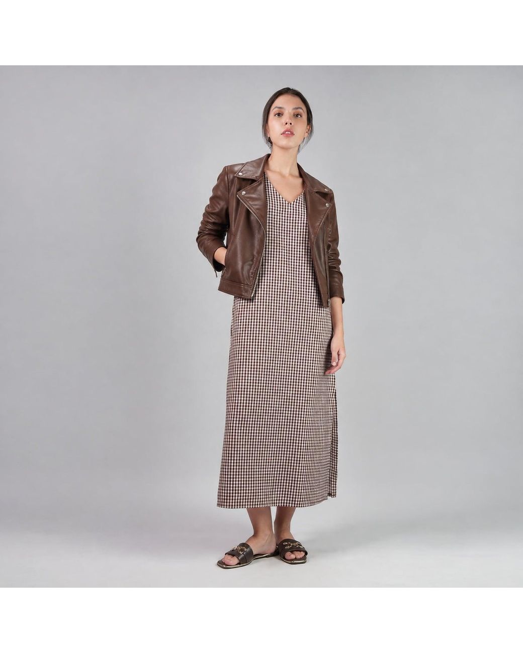 DHARA SHETH DUBAI Gray The New Classic Gingham Long Cotton Kaftan Dress With Side Slit