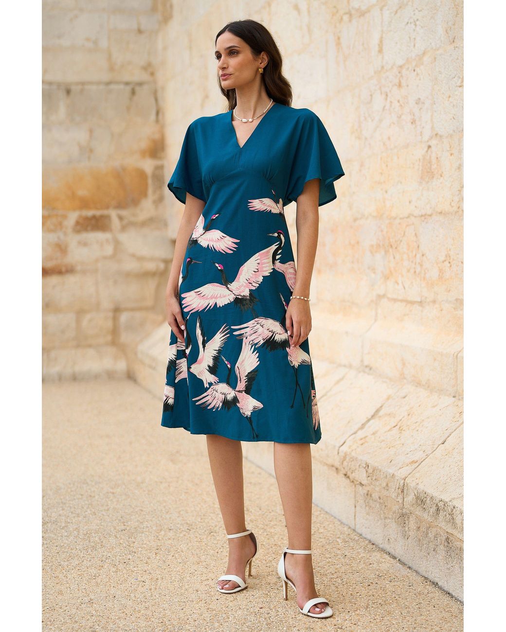 Yumi' Blue Recycled Fabric Crane Print Kimono Midi Dress
