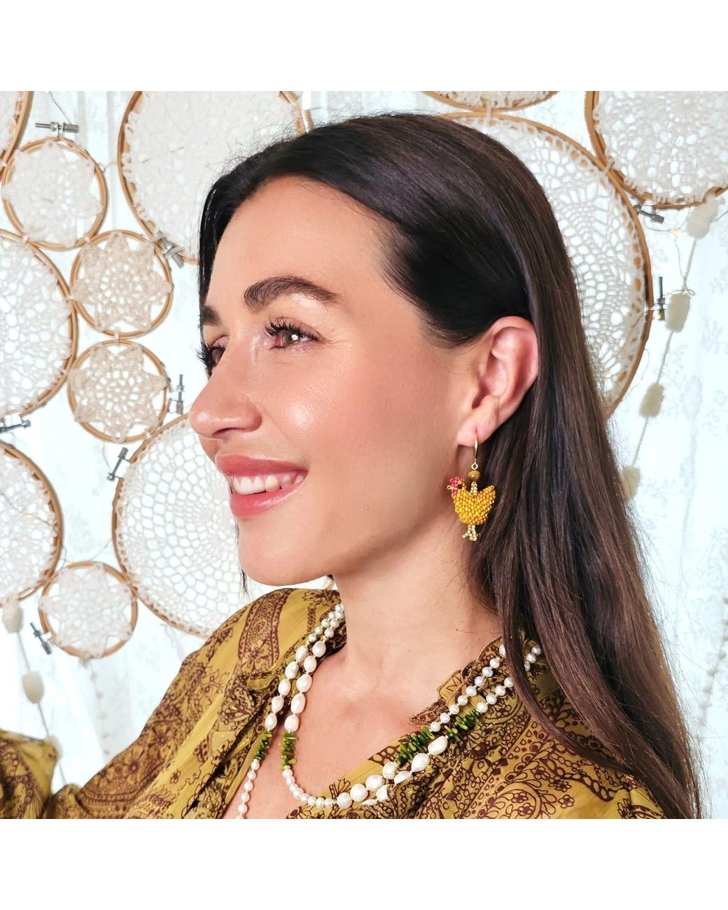 Farra Metallic Playful Beaded Chicken Dangle Earrings