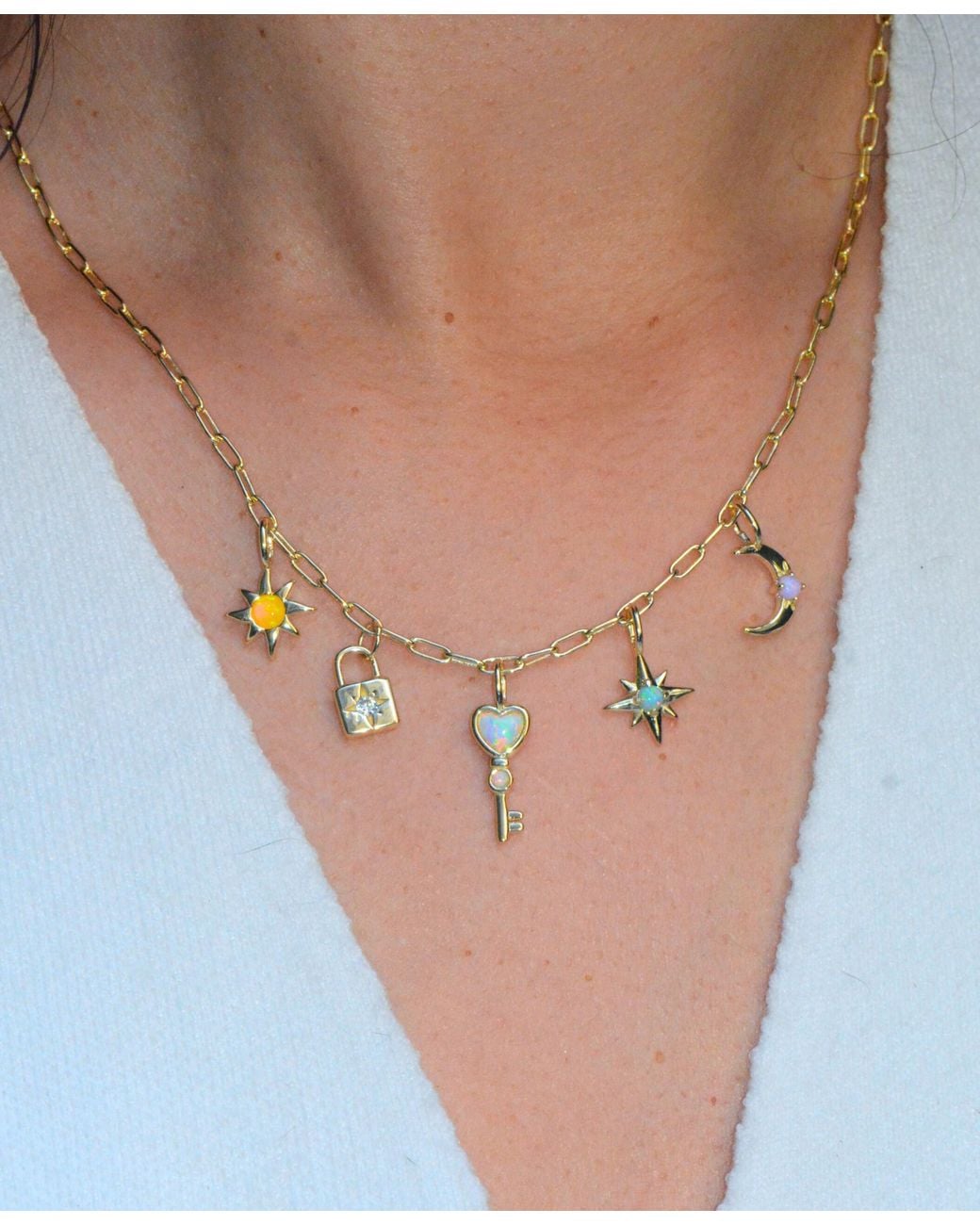 KAMARIA Metallic Lock & Key Celestial Charm Necklace With Opals On Paperclip Chain