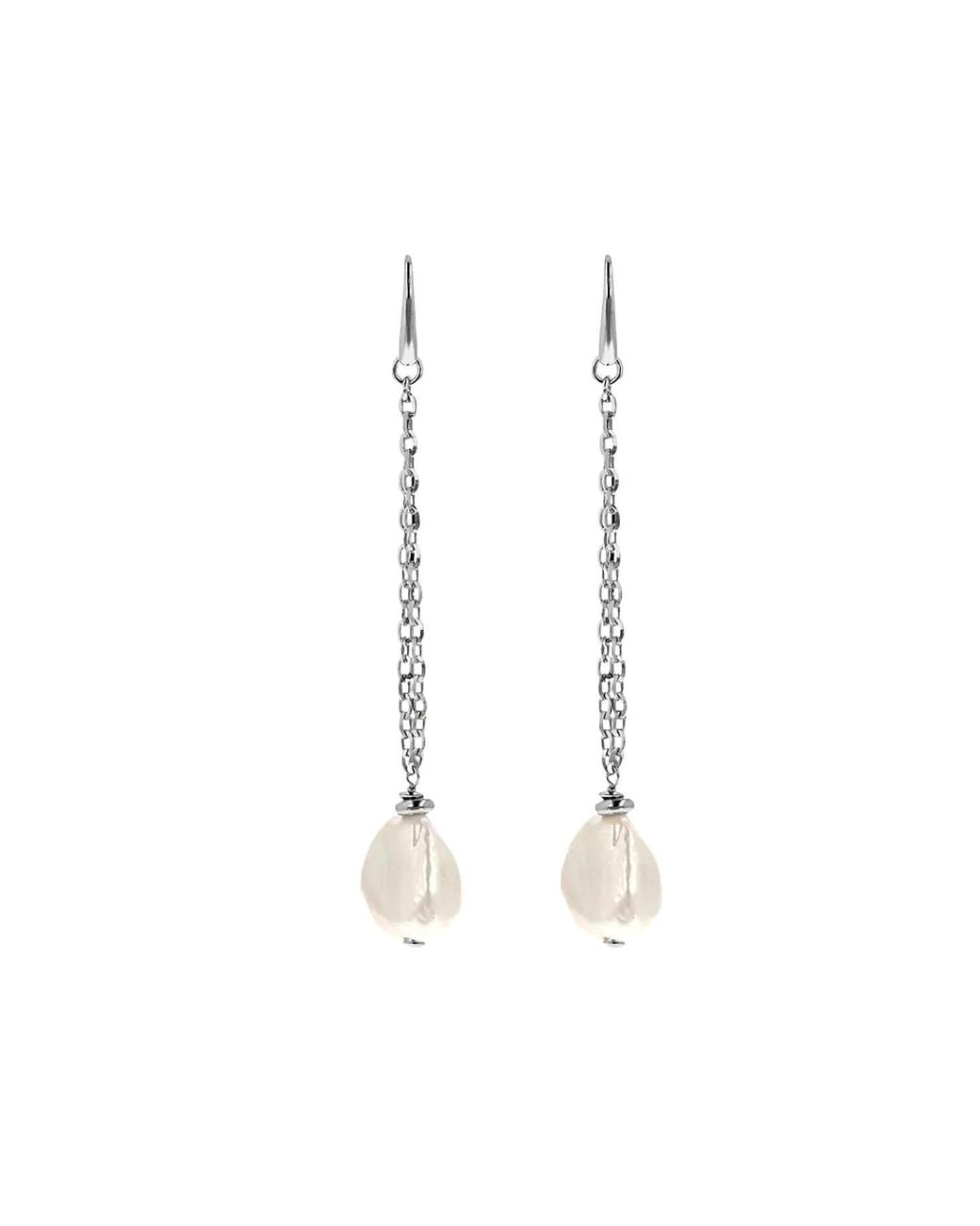 Unaloe White Baroque Freshwater Pearl Drop Earrings With Luminous Chains And Sterling Hook Clasp
