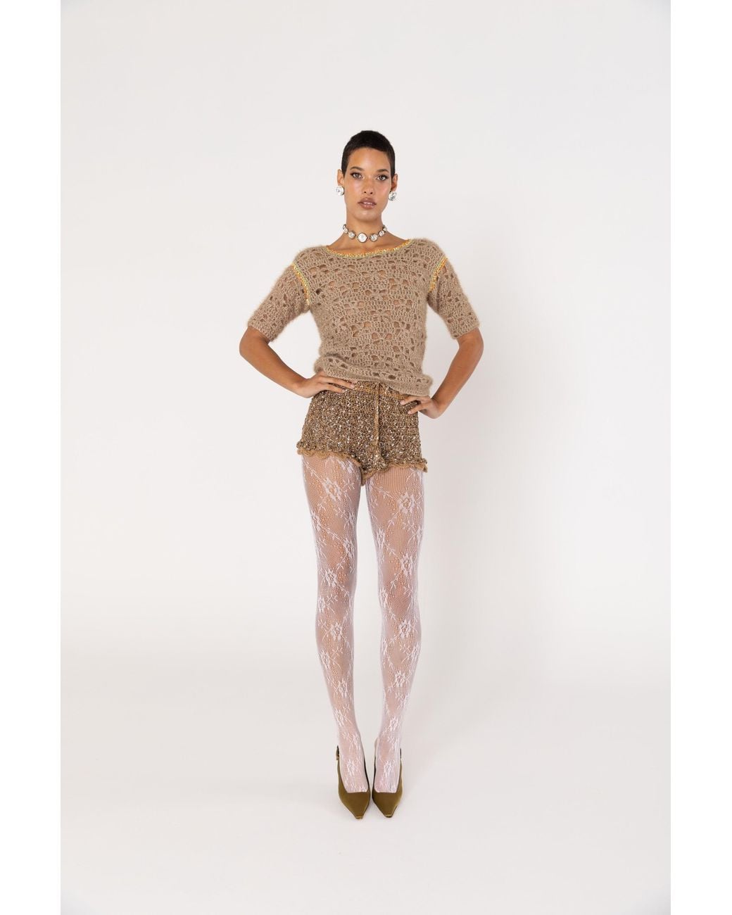 Andreeva Brown Chrysanthemum Handmade Crochet Shorts