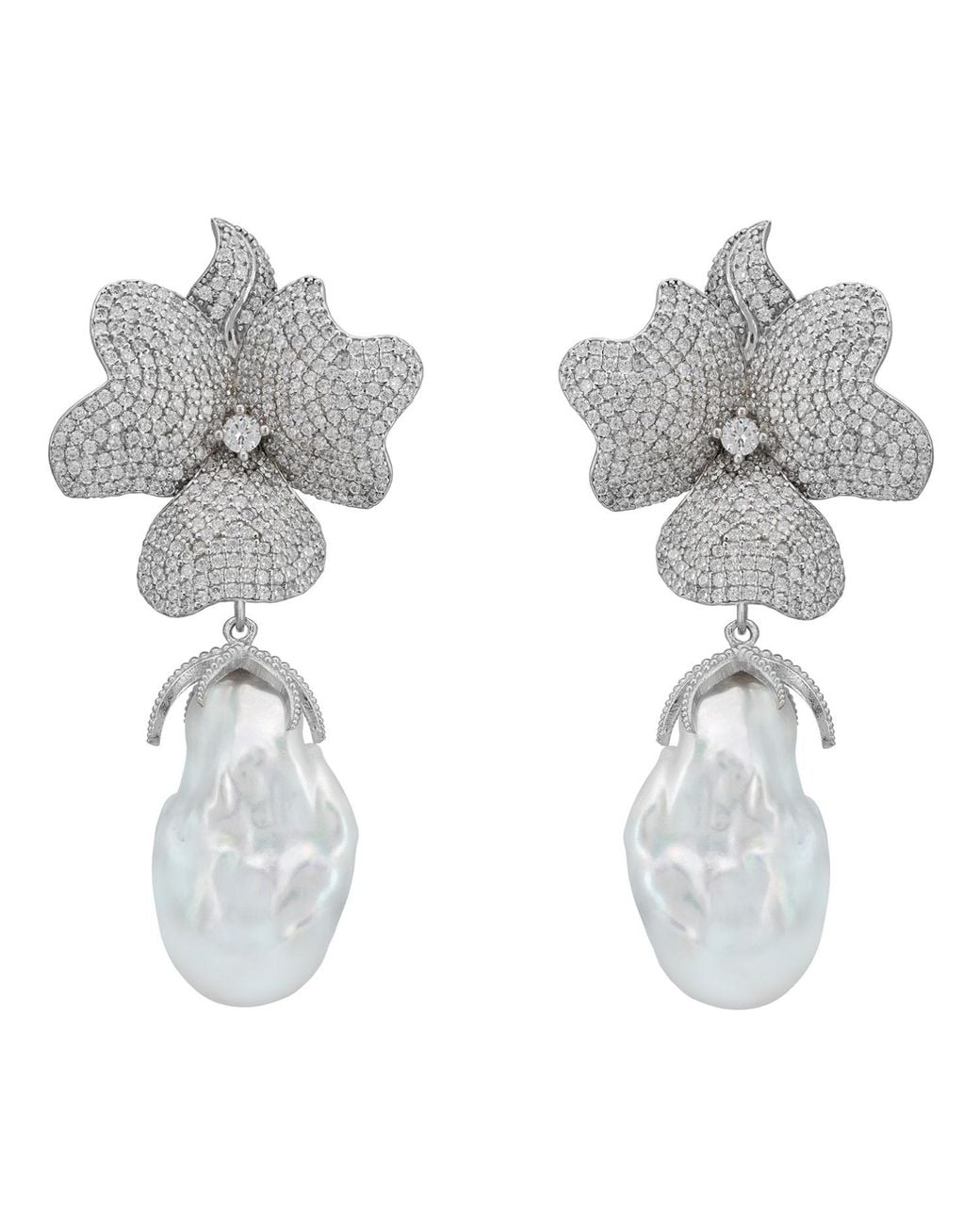 Latelita London Metallic Baroque Pearl Flower Clip On Drop Earrings