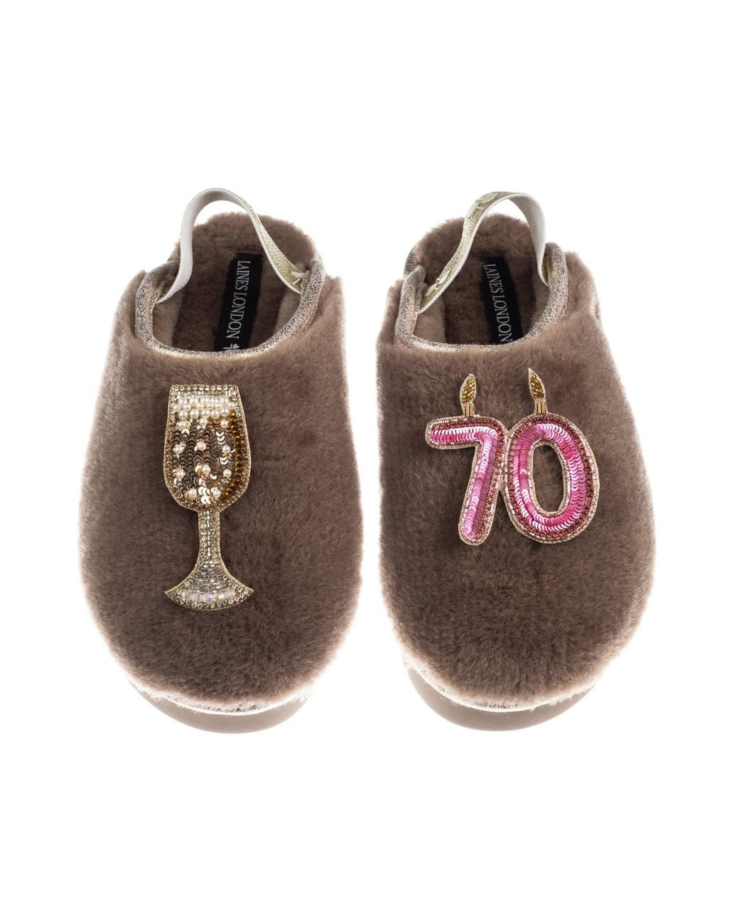 Laines London Brown Neutrals Flatform Cloud Closed Toe Slippers With 70Th Birthday & Champagne Glass Brooches