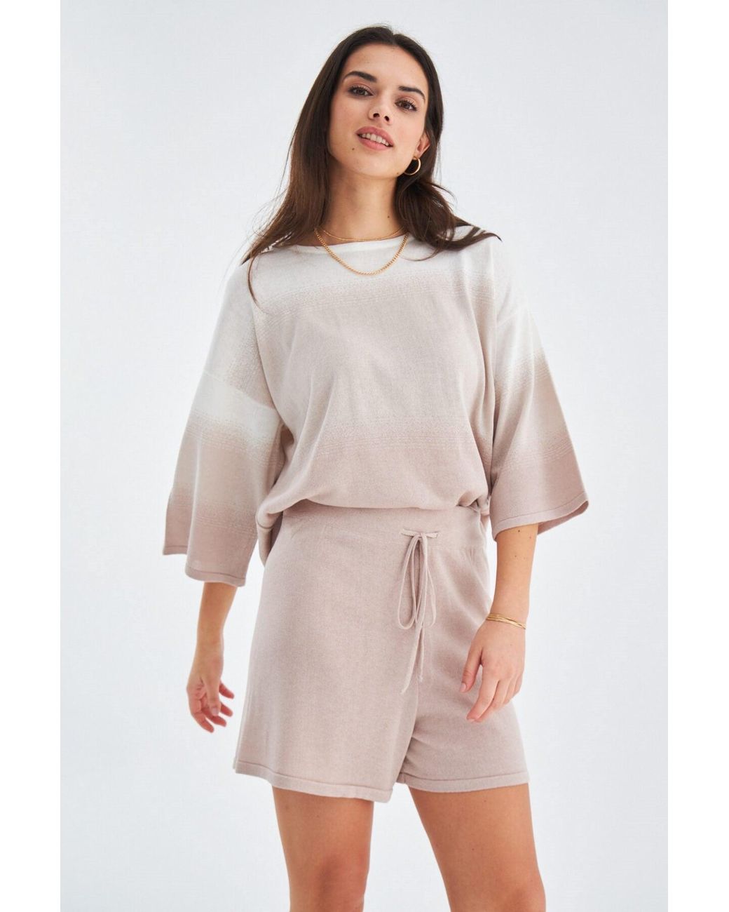 Peraluna Brown Siri Knitted Blouse & Shorts Matching Set