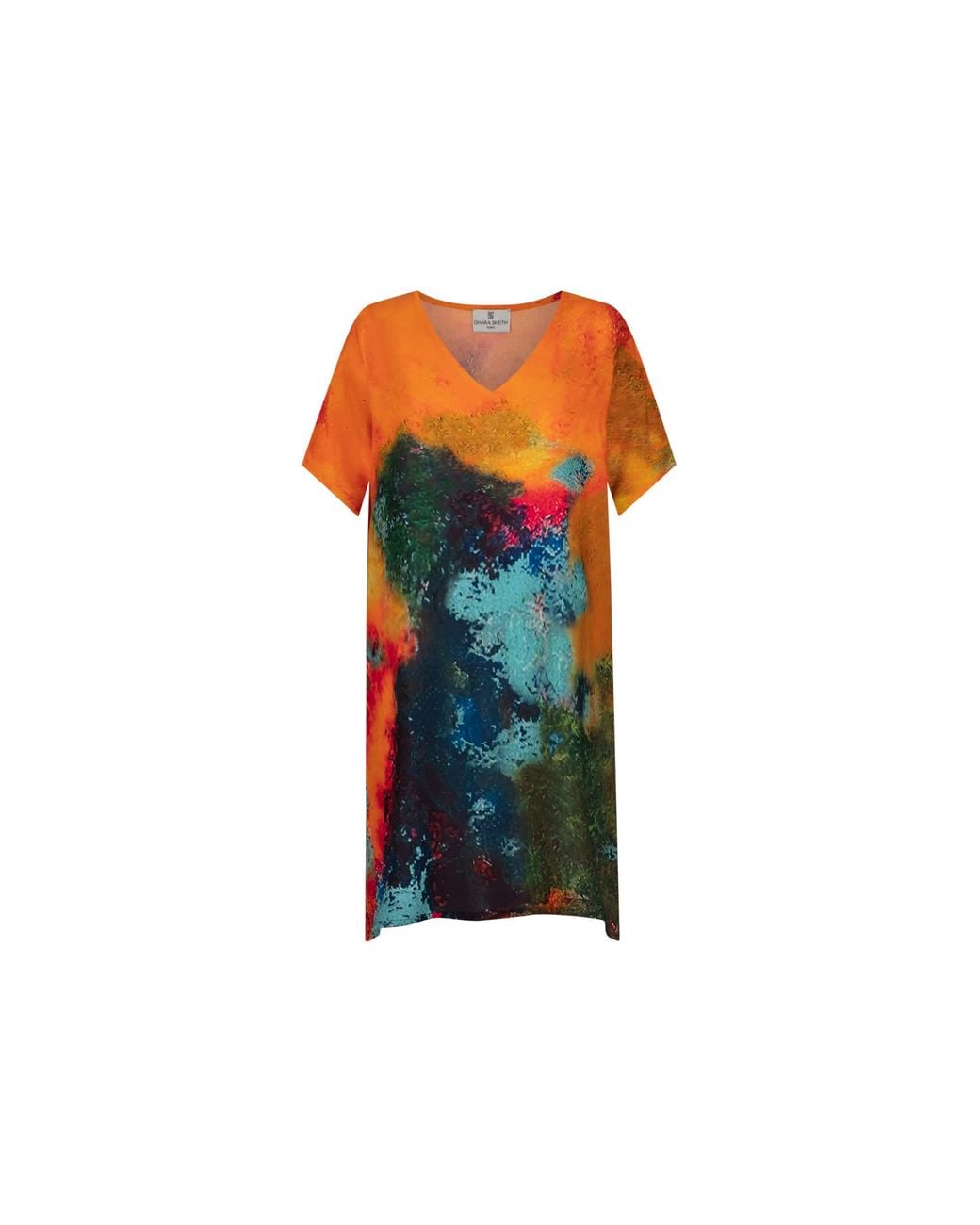DHARA SHETH DUBAI Orange Canvas & Chaos Abstract Print Short Kaftan Dress