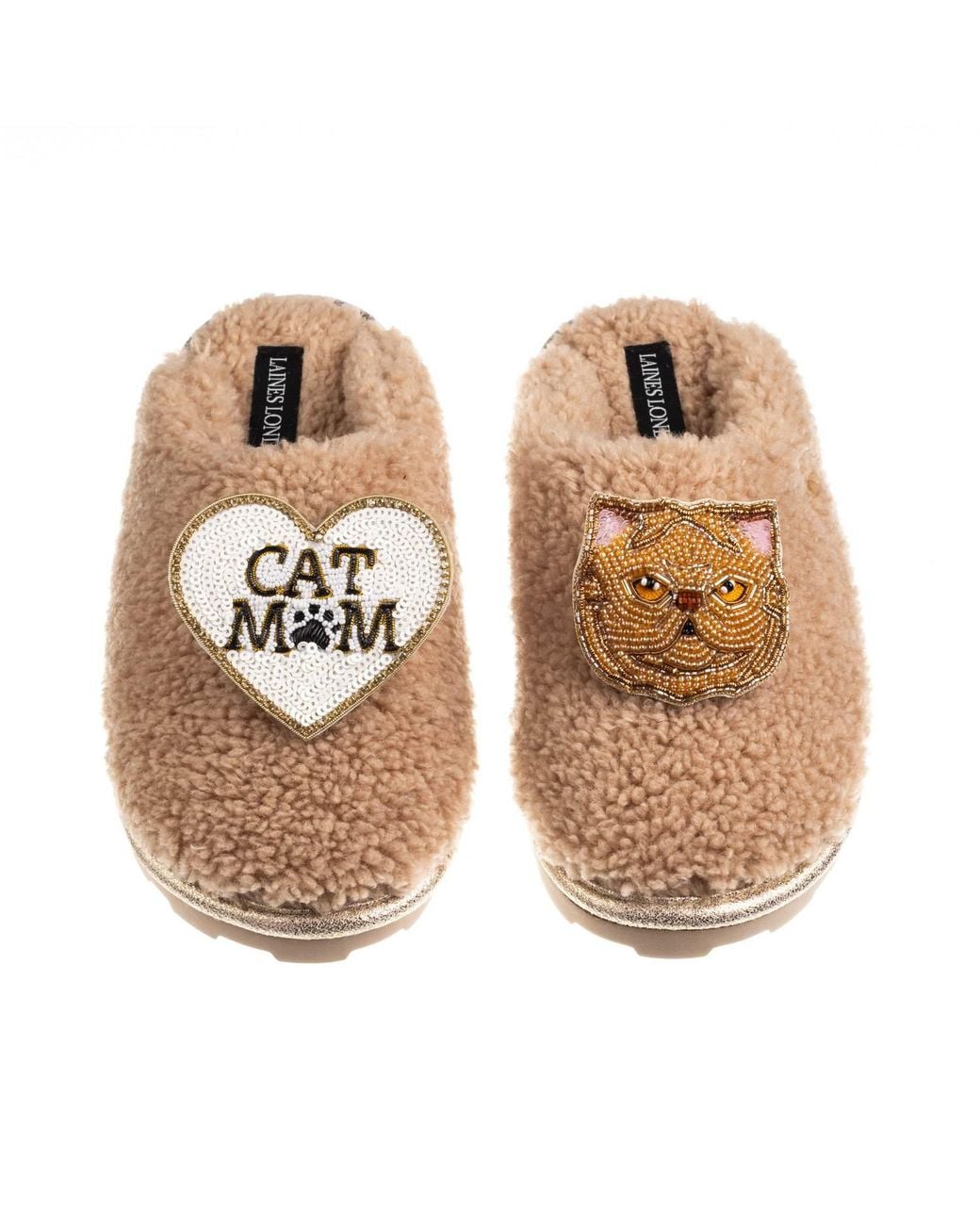 Laines London Natural Neutrals Teddy Closed Toe Slippers With Cat Mum/Mom & Ginger Persian Cat Brooches