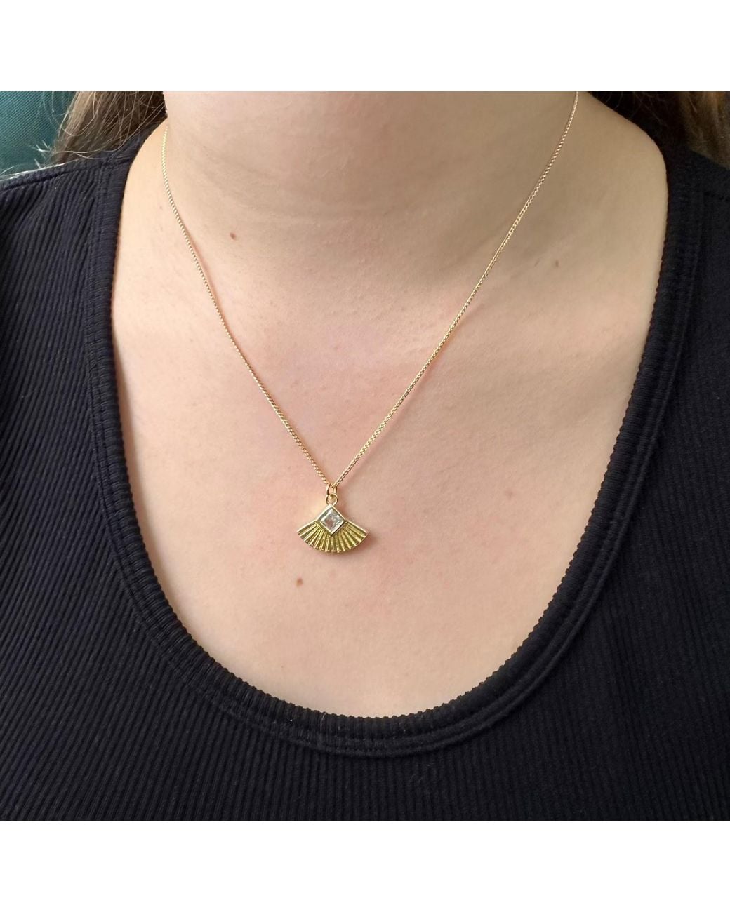 Clemence Wren Metallic Art Deco Gemstone Fan Charm Pendant Necklace
