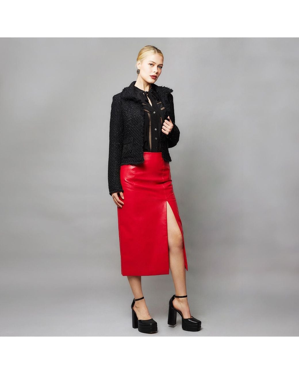 Solgo Atelier Black Tia Crop Shimmering Tweed Bouclé Jacket With Beaded Fringe Details