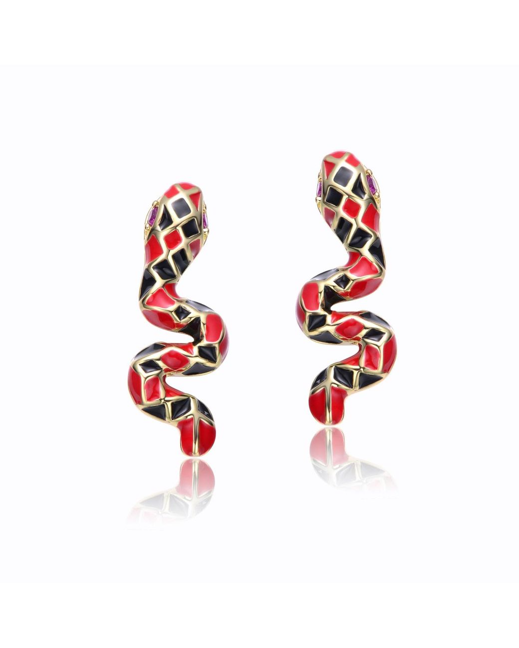 Genevive Jewelry Red Plated With Ruby Cubic Zirconia & Enamel Three-D Slithering Curling Snake Earrings