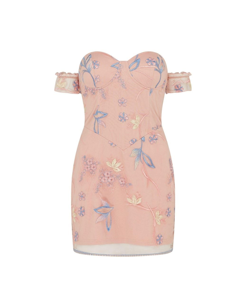 Sour Figs Pink Floral-Embroidered Off-Shoulder Mini Dress