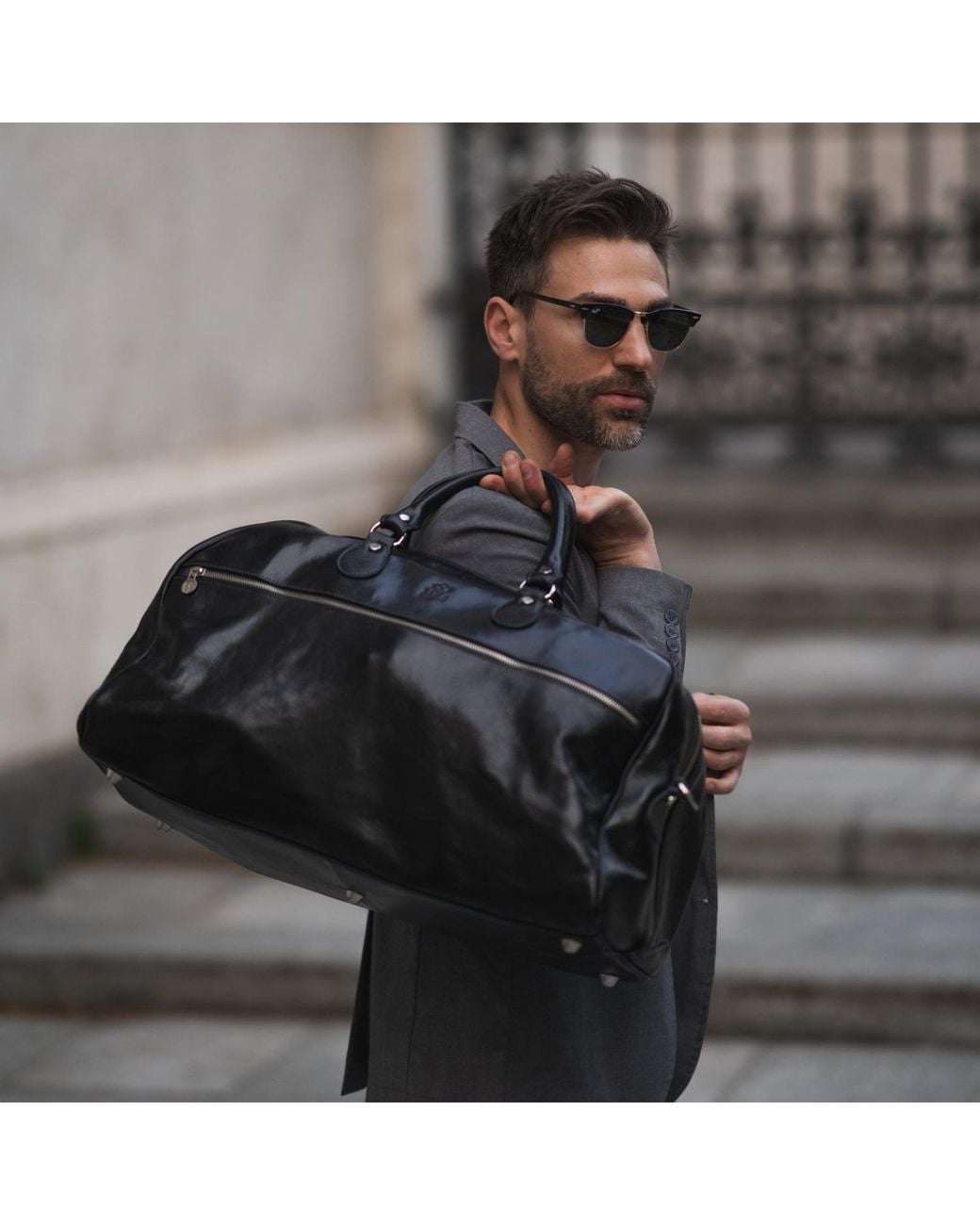 Time Resistance Black Leather Duffel Bag for men