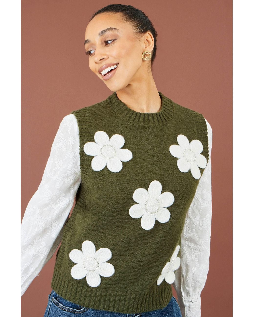 Yumi' Green Flower Applique Knit Tank