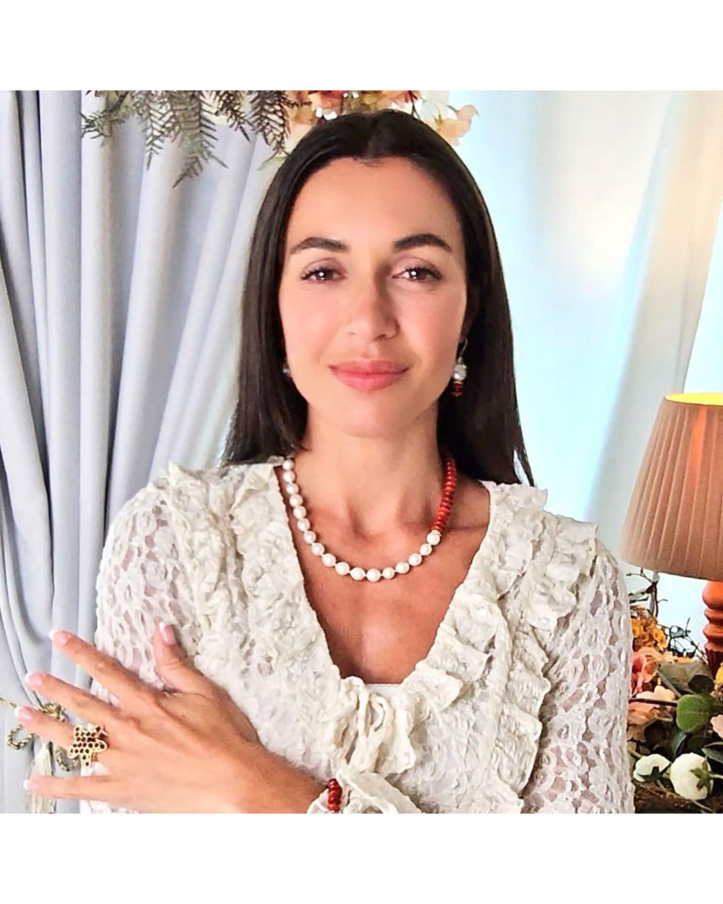 Farra White Baroque Pearl With Bamboo Coral Earrings