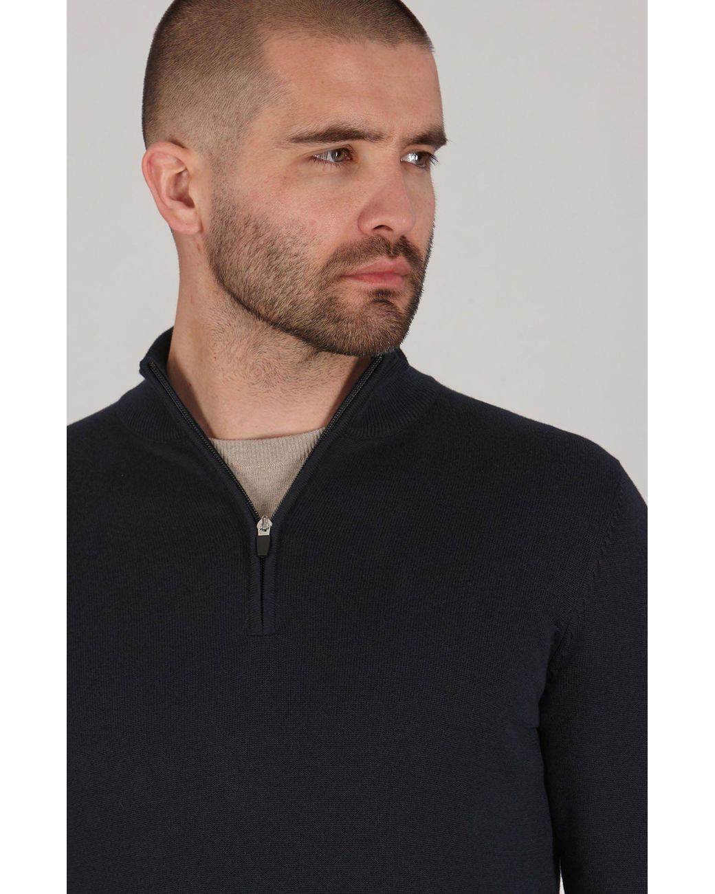 Paul James Knitwear Blue Lightweight Cotton Foster Zip Neck Jumper for men