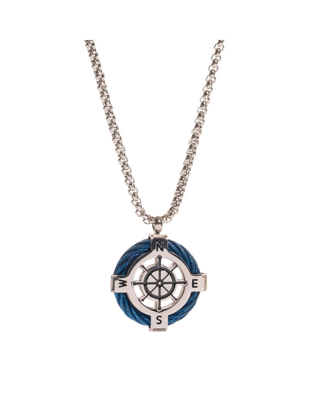 Ebru Jewelry Metallic True North Compass Ship Wheel Steel Necklace for men