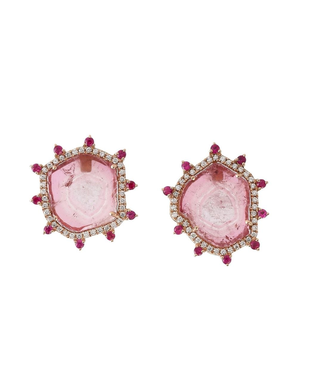 Artisan Pink 18K Melon Tourmaline, Ruby & Diamond Stud Earrings