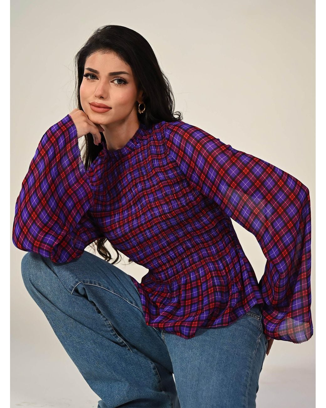 Rose & Nancy Purple Monica Smocked Check Blouse
