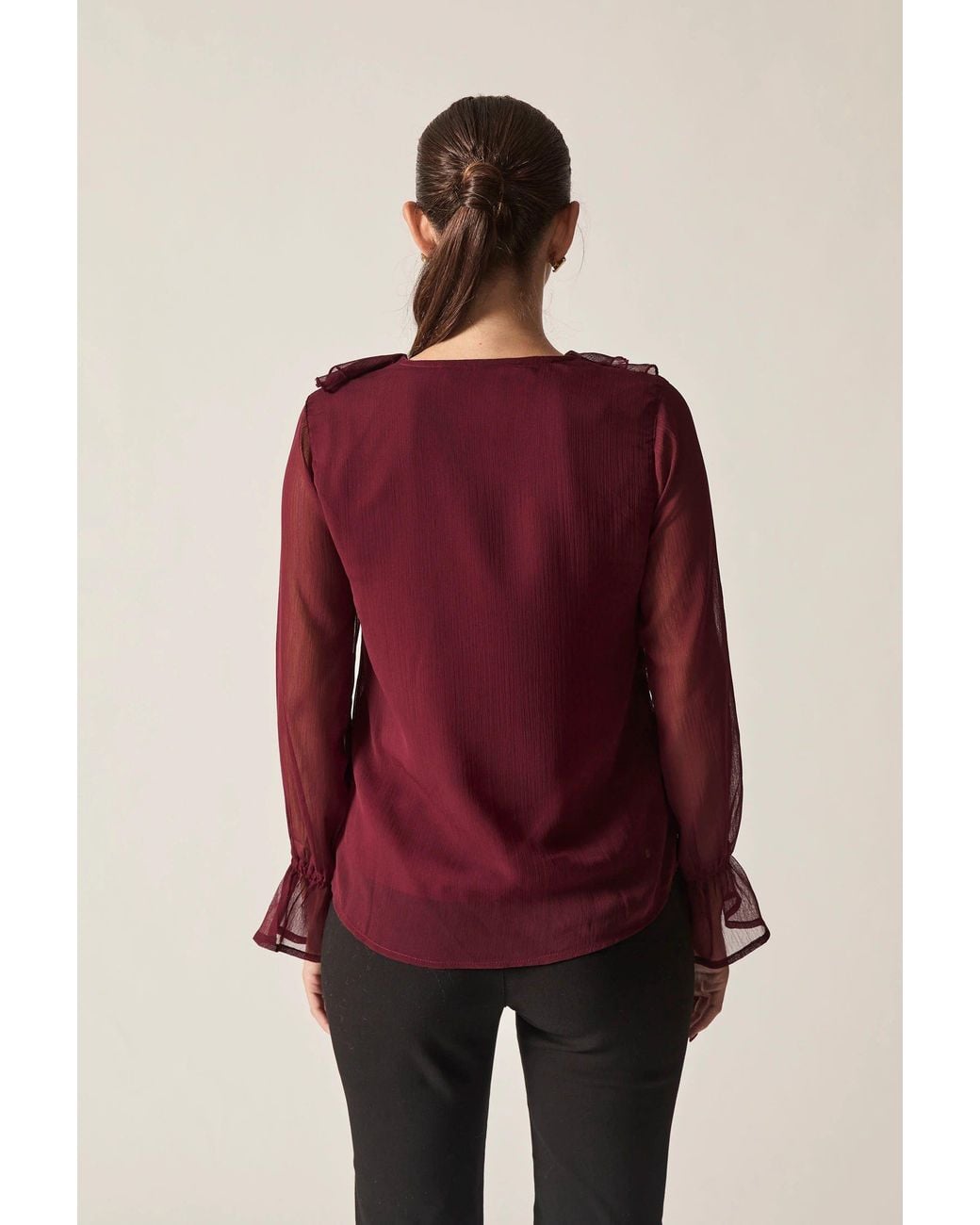 James Lakeland Red Burgundy Sheer-Sleeve Ruffle Blouse