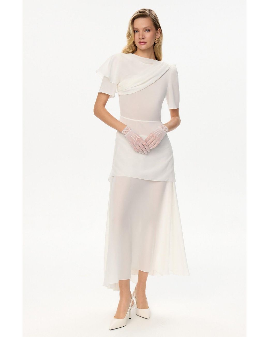 POST MERIDIEM White Chiffon Asymmetrical Midi Dress