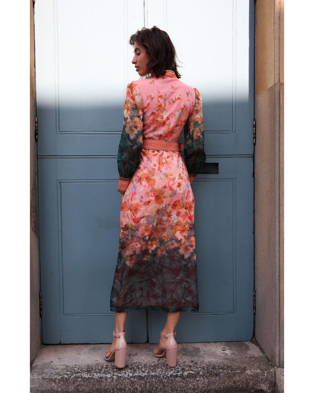 Raishma Freya Coral Floral Tie Dye Belted Midi Shirt Dress in Orange Lyst