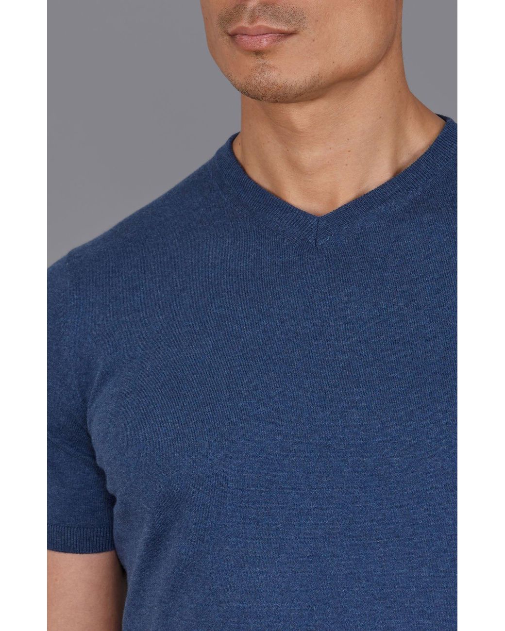 Paul James Knitwear Blue Ultra Fine Cotton Hudson High V Neck Knitted T-Shirt for men