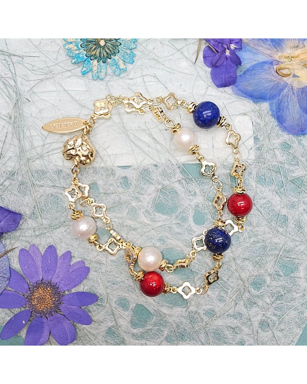 Farra Blue Lapis Bamboo Coral And Pearl Double Layer Chain Bracelet