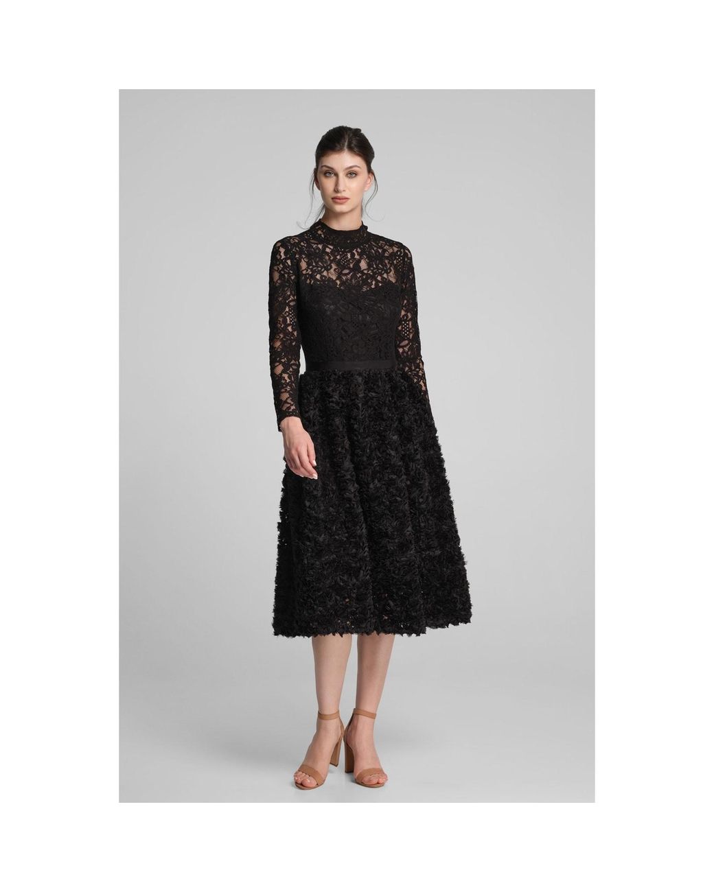 Rumour London Black Grazia Midi Dress With Lace Bodice And Ruffled-Tulle Skirt