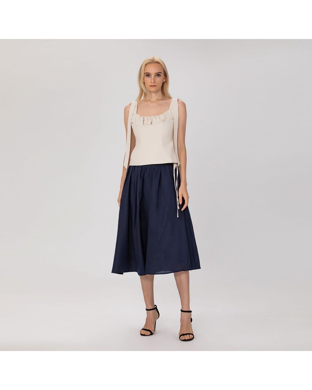 Smart and Joy Blue Flared Linen Midi Skirt